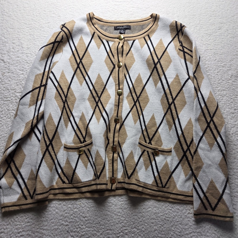 Designers Originals Sweater Womens XL Beige White Argyle Crew Neck Long Sleeve